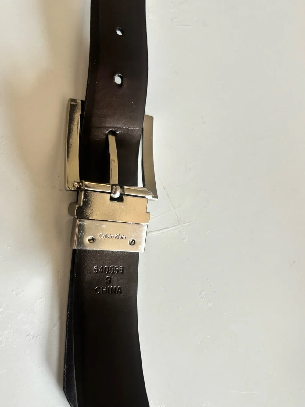 Calvin Klein reversible Polished Silver-Tone Buckle Black Leather Belt
